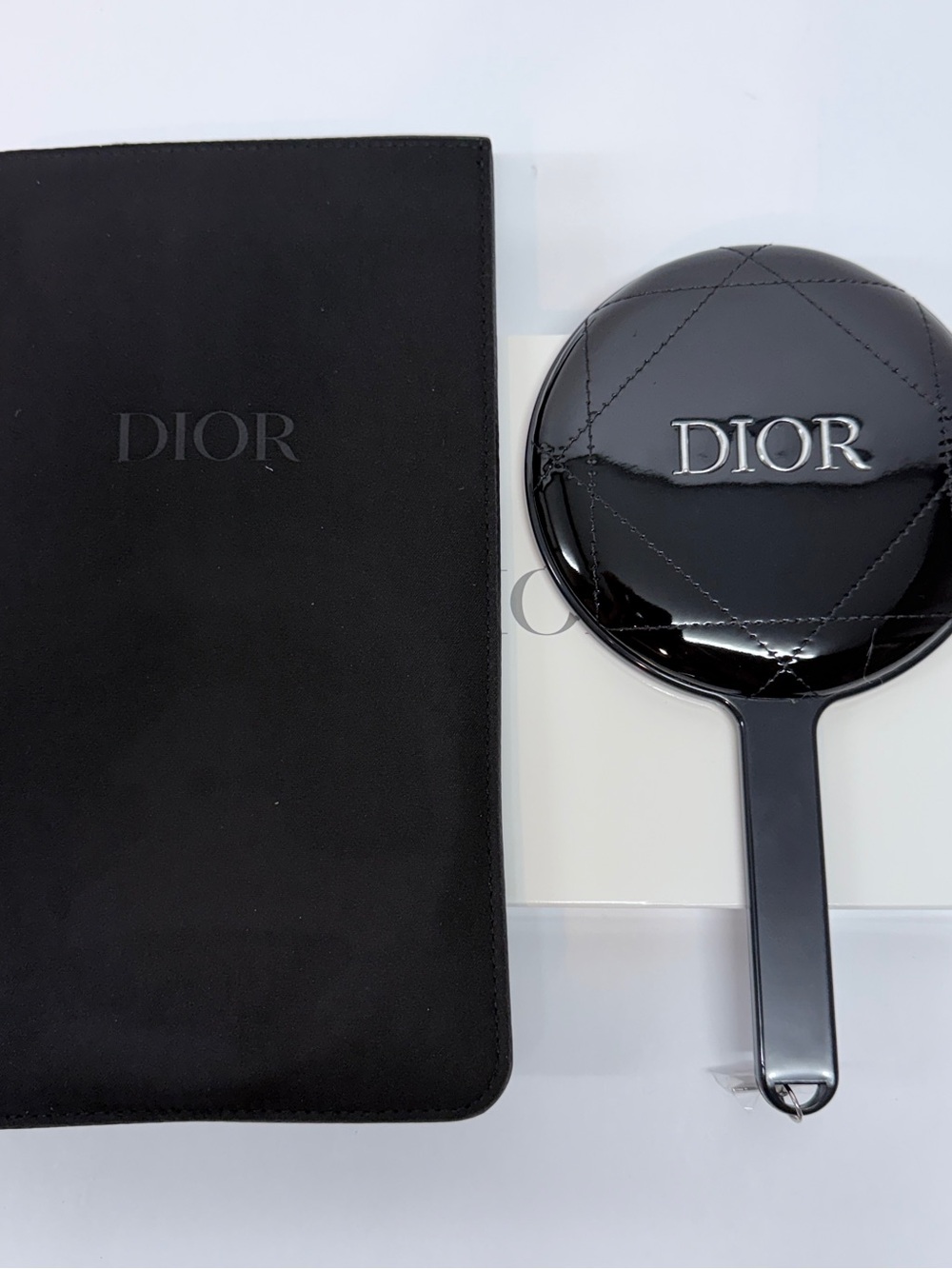 GWP Dior Black Quilted Patent Hand Mirror with Silver Logo